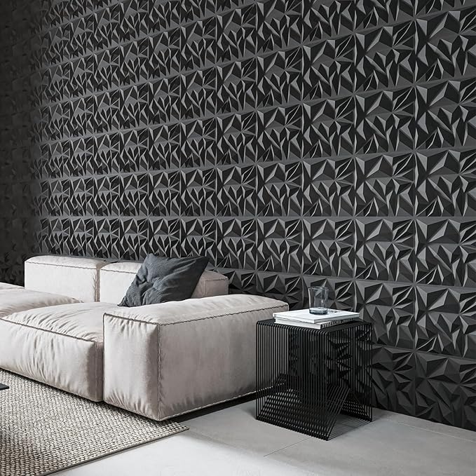 Art3d 33-Pack 3D Wall Panels for Interior Wall Decor, Modern Diamond Textured Accent Wall Paneling for Gaming Living Room TV Wall Background, 12 x 12 inch Black