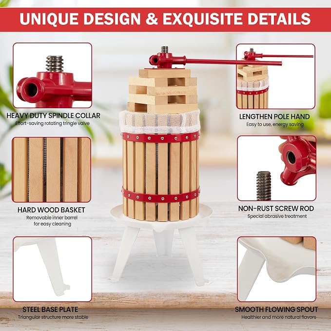 CAELUM Fruit Wine Press, 4.75 Gallon Wood Fruit and Cider Press Squeezer - Image 4
