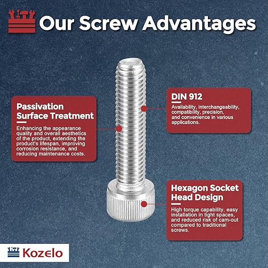 Kozelo 5pcs Socket Head Cap Screws - [M10-1.5 x 45mm] 304 Stainless Steel Allen Socket Drive for Electrical Motor 3D Printing Fan Engine Replacement Use, Silver