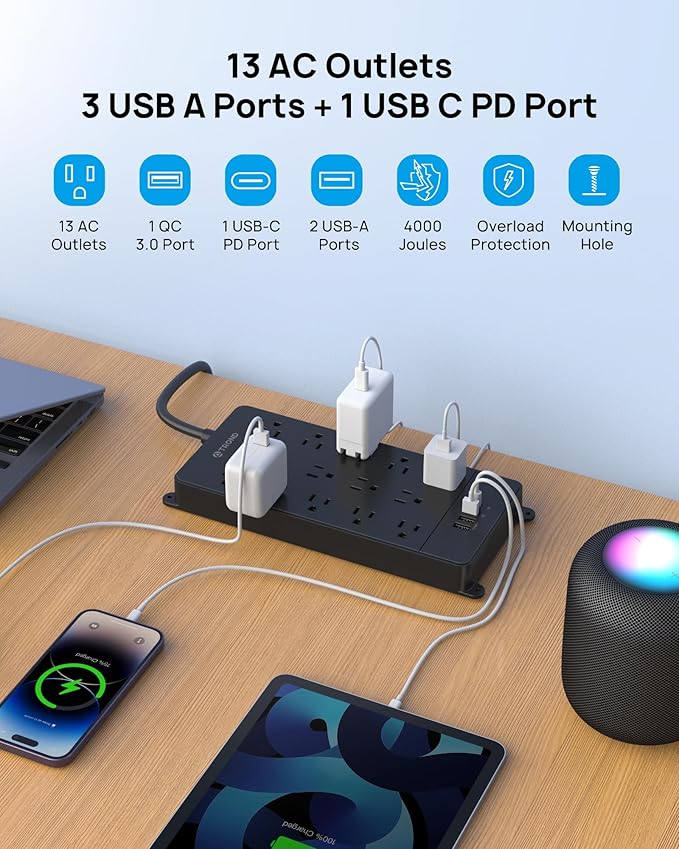 TROND Surge Protector Power Strip, 10ft Heavy Duty Extension Cord with 32W USB C & QC 3.0 Charger, 4000J, ETL Listed, 13 Wide Spaced Outlets, Flat Plug, Wall Mount for Home Office Supplies, Black