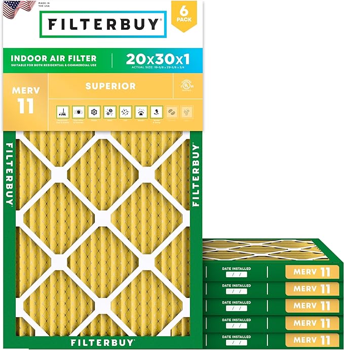Filterbuy 20x30x1 Air Filter MERV 11 Superior Pet & Allergy Defense, by Filterbuy