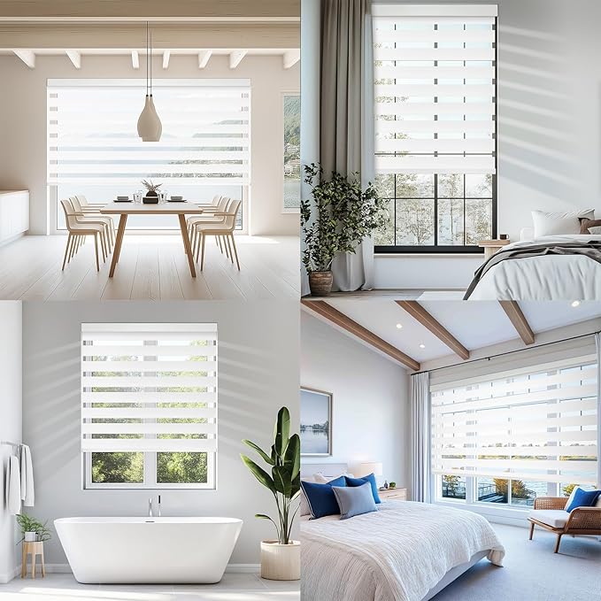 COOLWINDS Motorized Zebra Blinds for Windows Cordless Electric Curtains with Remote Control Blackout Shades Custom Smart Blinds Compatible with Alexa Google Home(Blackout White,W27 X 72in)