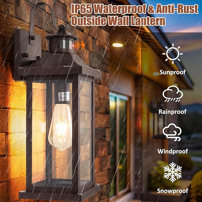Roravilila Dusk to Dawn Motion Sensor Outdoor Lights Oil Rubbed Bronze 2-Pack, 18 Inch Large Outdoor Light Fixtures Brown Exterior Lights Photocell IP65 Waterproof Outside Lanterns for House Vintage