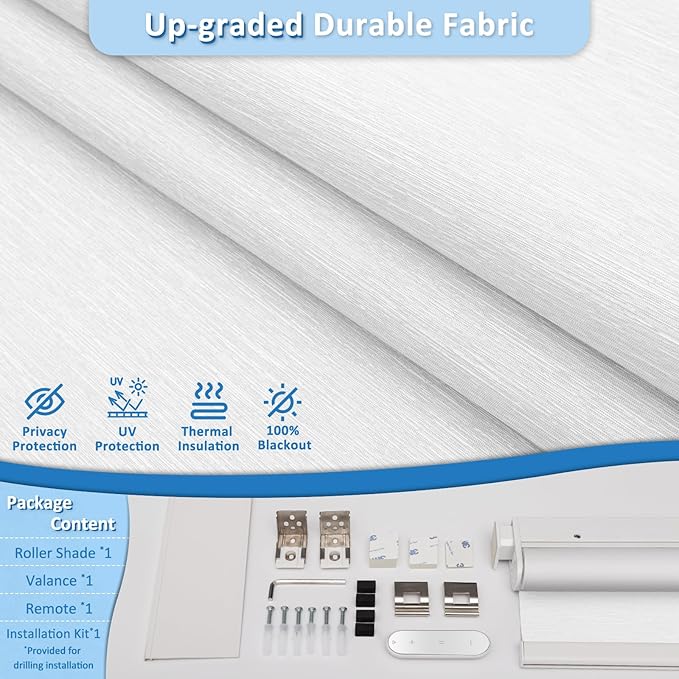 MANSNIX Smart Motorized Blinds with Remote, Cordless No-Drill Automatic Roller Shades, Blackout Electric Blind for Windows, White, 35.5 x 72
