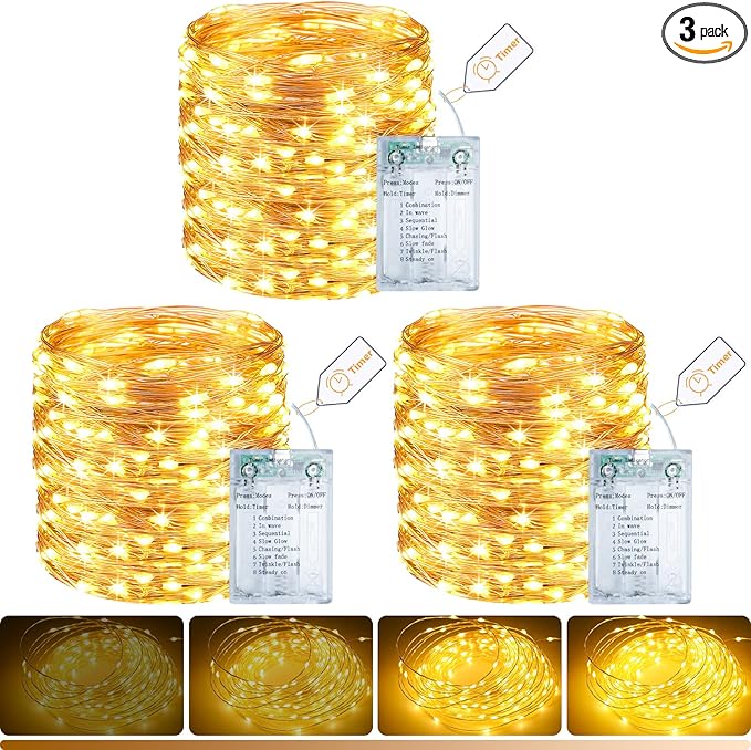 litogo 3 Pack Fairy Lights Battery Operated with Timer, 33FT 100LED Twinkle String Lights USB-C Powered 8 Modes Dimmable for Indoor Bedroom Centerpiece Wedding Classroom Dorm Christmas Decorations