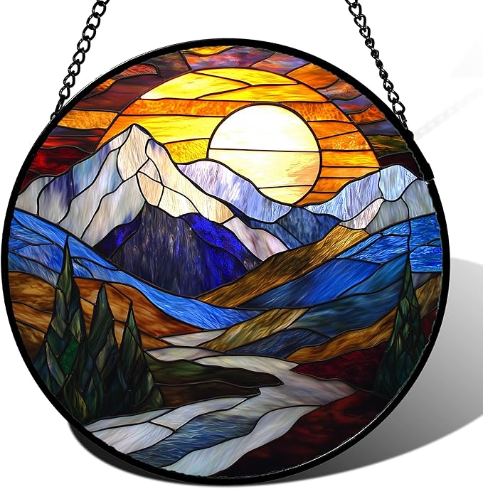 AMDERVEN Stained Glass Window Hanging, Yellow Blue Sunset Mountains Scenery Sun Catcher for Window Home Decor Landscape Suncatcher Mother's Day Birthday Gifts for Women Men Mom and Nana 6.3 in