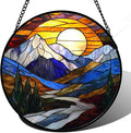 AMDERVEN Stained Glass Window Hanging, Yellow Blue Sunset Mountains Scenery Sun Catcher for Window Home Decor Landscape Suncatcher Mother's Day Birthday Gifts for Women Men Mom and Nana 15 in
