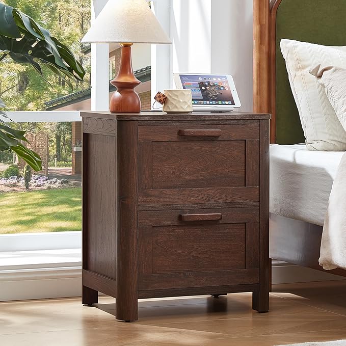 Joaxswe Farmhouse Nightstand with Charging Station, End Tables Bedroom with 2 Large Drawers & 4 Thickened Table Legs, Walnut