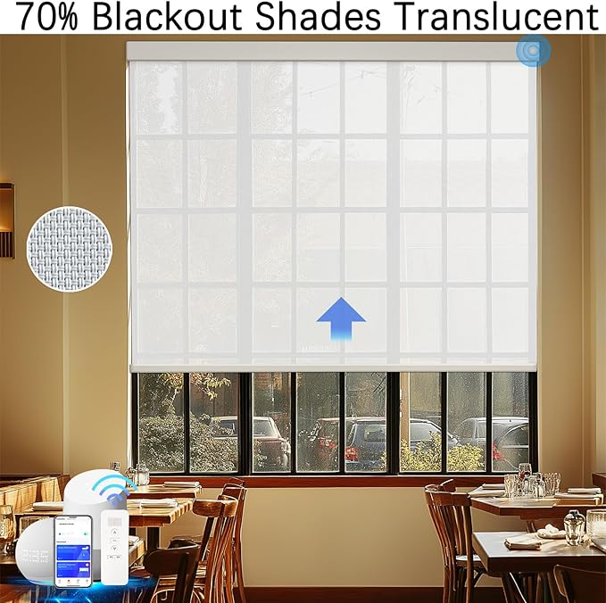 COOLWINDS Motorized Blinds with Remote Cordless Automatic Motorized Shades Custom Blinds for Windows Smart Curtains Compatible with Alexa Google Home(Solar White,W66 x H72in)
