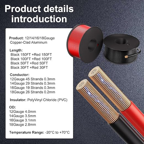 12 Gauge Electrical Wire 2 Pack Total 100ft-Black 50 ft and Red 50 ft Soft Flexible Copper-Clad Aluminum(CCA) 12 AWG PVC Wire for Lamp, Household Appliances RC Toys, Models, Auto, Electronics