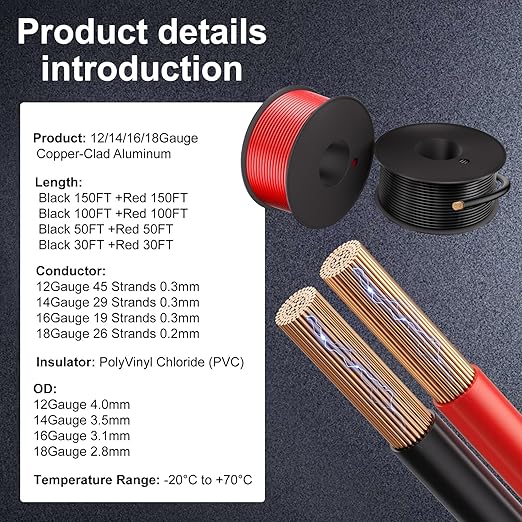 16 Gauge Electrical Wire 2 Pack Total 300ft-Black 150 ft and Red 150 ft Soft Flexible Copper-Clad Aluminum(CCA) 16 AWG PVC Wire for Lamp, Household Appliances RC Toys, Models, Auto, Electronics