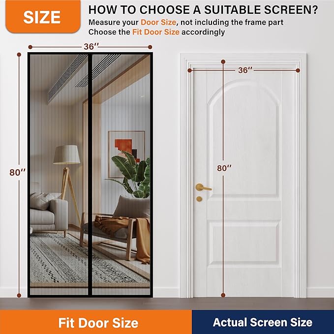 Magnetic Screen Door, Heavy Duty Door Screen Magnetic Closure Keep Bugs Out,Pet & Kid Friendly，Hands Free Door Screen Fit Door Size 60 x 80 Inches