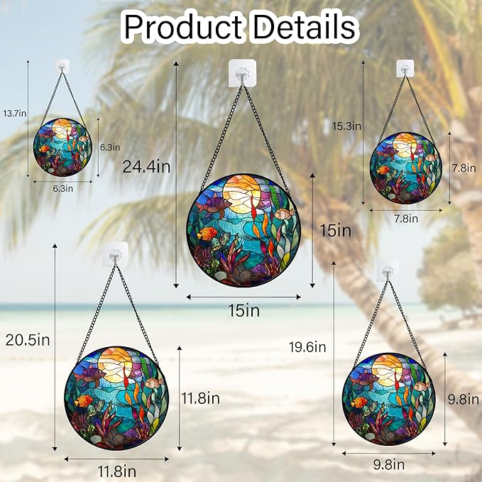 AMDERVEN Stained Glass Window Hanging - Blue Ocean World Small Fish Coral Sun Catcher for Door Garden Home Decor Sea Suncatcher Christmas Mother's Day Birthday Gifts for Women Men Mom Nana 11.8 in