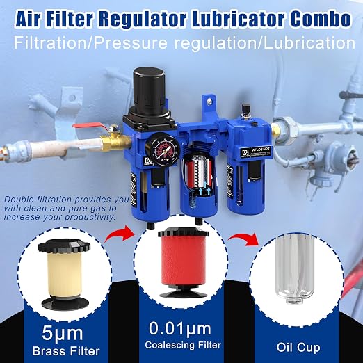 NEWPO 3/8'' NPT Compressed Air Filter Regulator Lubricator Combo Water/Oil Trap - Image 3