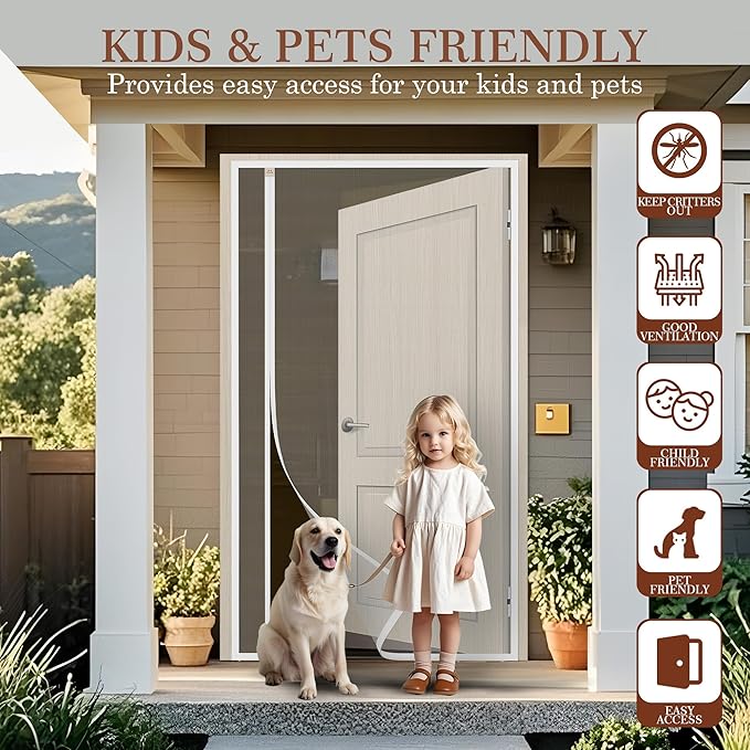 Yotache White Reversible Left Right Side Opening Magnetic Screen Door Fits Door Size 72 x 82, Unobstructed View Screen Mesh Net for Balcony, French, Sliding Glass Door, Actual Screen Size 74" x 83"