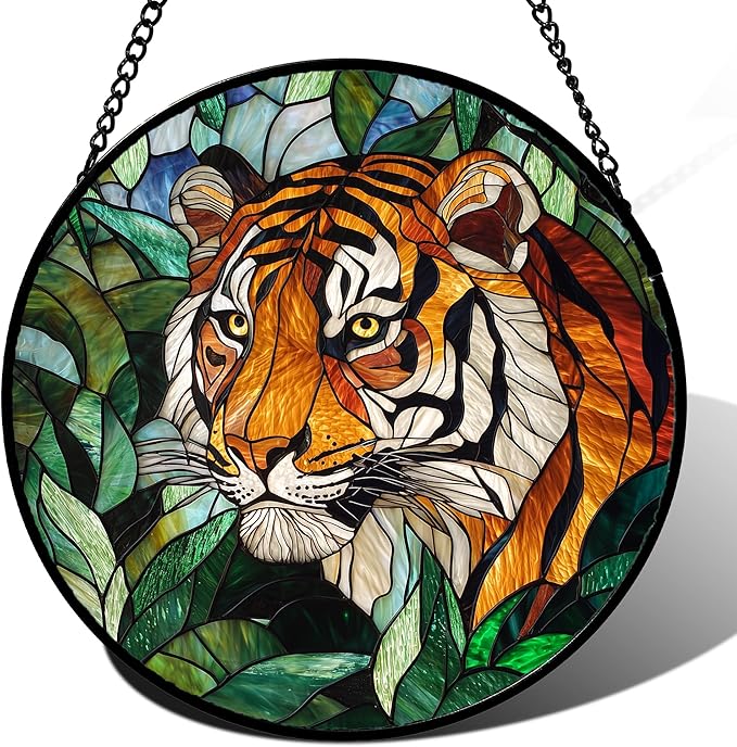 AMDERVEN Stained Glass Window Hanging, Fierce Tiger Sun Catcher for Door Home Decor Wild Animals Suncatcher Christmas Mother's Day Birthday Gifts for Women Men Mom and Nana 6.3 in
