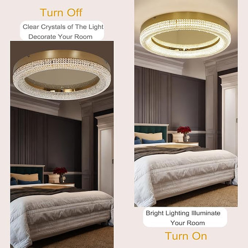 23.6" Gold LED 3 Color Remote Dimmable Modern Crystal Chandelier Round LED Crystal Ceiling Light Fixture Flush Mount Chandelier Ceiling Light with Crystals for Hallway Bedroom Kitchen Foyer (Gold)