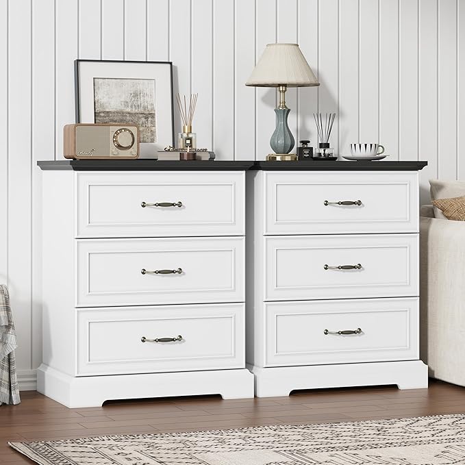 Nightstand Set of 2,24" Wide End Table with 3 Large Drawers & Metal Handles,Rustic Farmhouse Wood Small Dresser,Bedside Table,Modern Chest of Drawers for Bedroom,Living Room,White