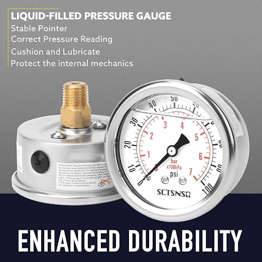 2-1/2" Dial Size, 0-100 Psi Pressure Gauge, Glycerin Liquid Filled, 1/4" NPT - Image 3