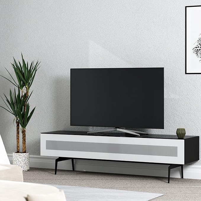 SONOROUS ST-360 Premium TV Stand for Living Room – Modern TV Stands & Entertainment Center with Storage – Black Wood & White Glass Cover – Luxury Media Console with Metal Legs for TVs up to 75 inches
