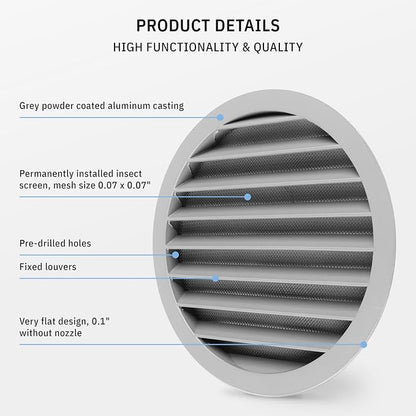calimaero® WSGG 8" Inch Gray Round Metal Air Vent Grill Cover Flat Louver - Image 4