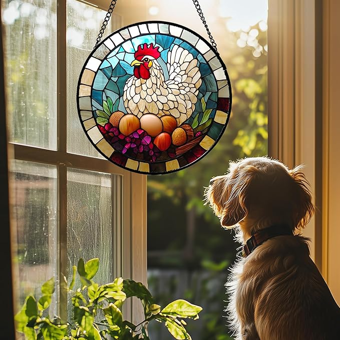 DASTOLL Stained Glass Window Hanging White Chicken Hatching Eggs 9.8" - Suncatcher Door Garden Sunroom Sun Catcher Home Decor Birthday Christmas for Mom Men Woman Nana