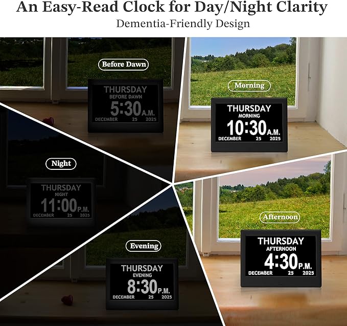 7'' Dementia Clock For Seniors, Large Display Digital Clock With Date, Time, Day Of Week for Elderly, Memory Loss, Alzheimer, 1024*600P HD, 10 Reminders & 6 Alarms, Auto Dimming & DST, Remote Control