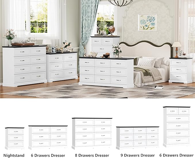 Nightstand Set of 2,24" Wide End Table with 3 Large Drawers & Metal Handles,Rustic Farmhouse Wood Small Dresser,Bedside Table,Modern Chest of Drawers for Bedroom,Living Room,White