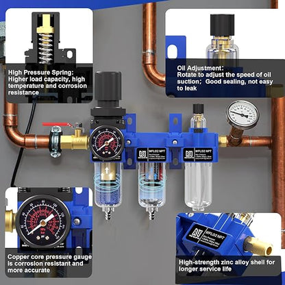 NEWPO 1/4" NPT Compressed Air Filter Regulator Lubricator Combo, Water/Oil Trap - Image 6