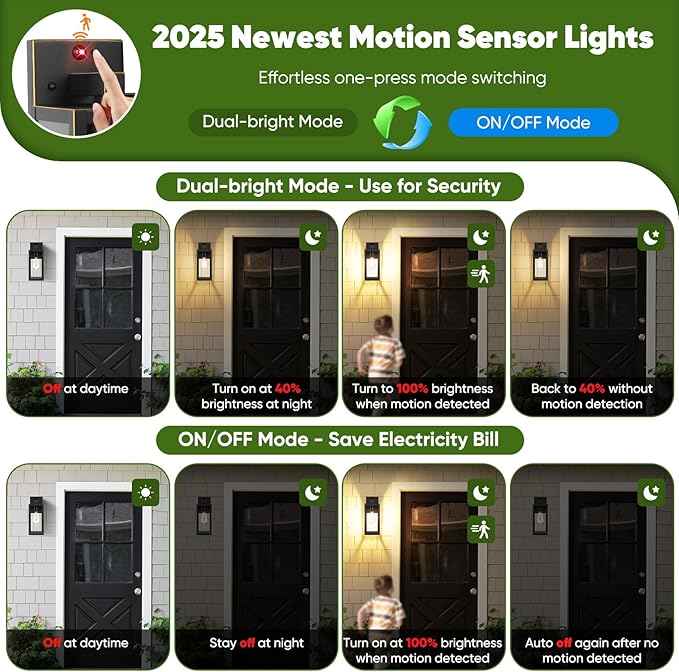 2-Pack Upgraded Motion Sensor Outdoor Wall Lights, Dusk to Dawn Porch Lights Outdoor Wall Sconce Lantern, 3 Lighting Modes Exterior Lighting Fixtures, Bronze Outside Lights for House Front Door Garage