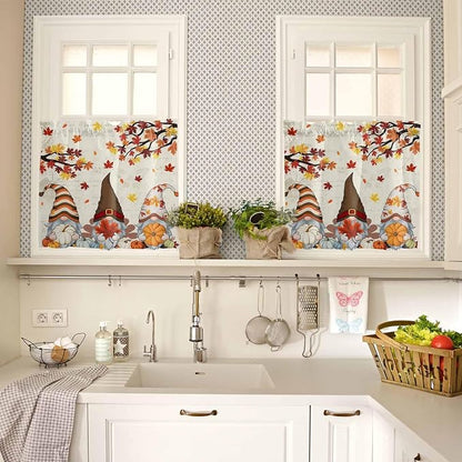 Fall Kitchen Curtain Set, Thanksgiving Gnomes Maple Leaf Pumpkin Beige Window - Image 4