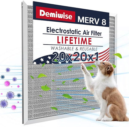 20x20x1 Air Filter for Home, MERV 8 Reusable Electrostatic Aluminum AC/HVAC by Demiwise