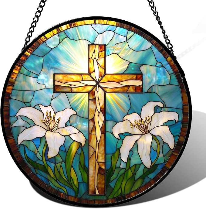 DASTOLL Christian Gifts for Women - Cross Stained Glass Window Hanging Jesus Easter White Lily Flower Sun Catcher Garden Religion Decor Mother's Day Catholic Gift for Men Grandma Mom Her Nana 15"