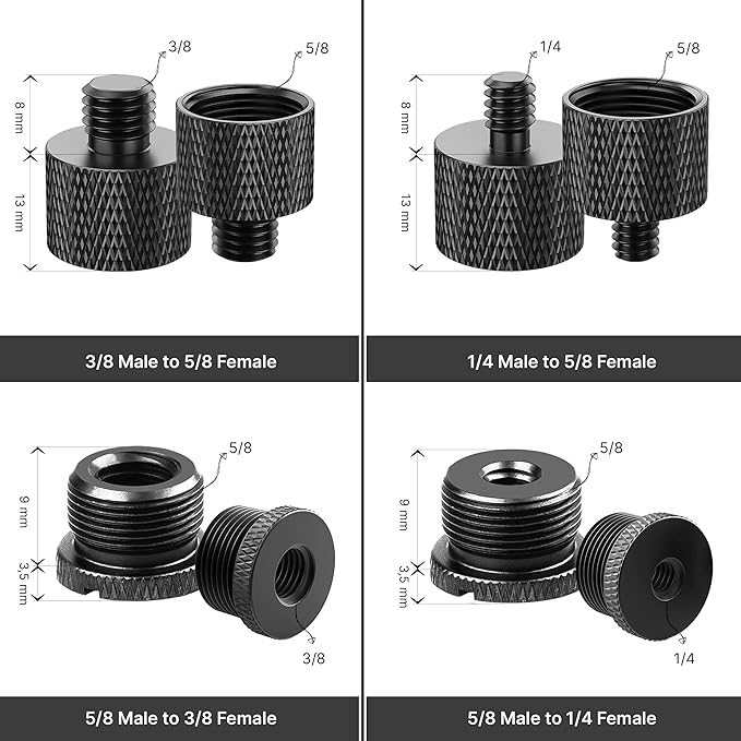 IXTECH Mic Stand Adapter Set 8 pieces Metal Microphone Stand Screw Thread Adapter 5/8 Female to 3/8 Male 3/8 Female to 5/8 Male 5/8 Female to 1/4 Male 1/4 Female to 5/8 Male Tripod Adapter
