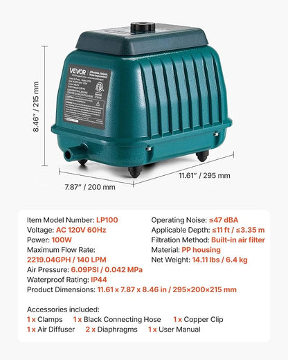 VEVOR Commercial Linear Air Pump 2219 GPH | High Output Aerator - Image 7