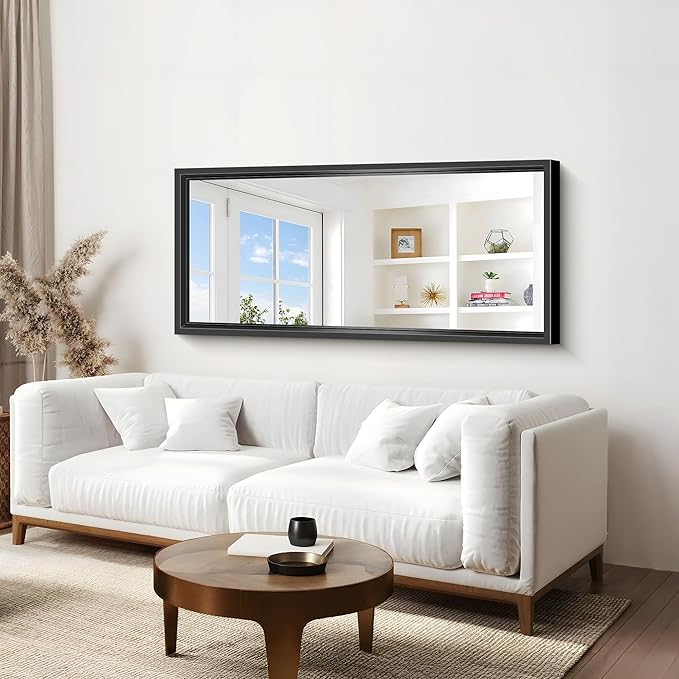 Black Bathroom Mirror, 28x60 Inch Large Rectangle Mirror, 0.6" Thickened Deep Frame Mirrors for Wall Over Sink, Shatterproof Tempered Glass, Brushed, Antirust, Horizontally or Vertically