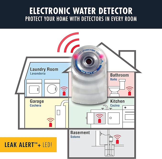 Zircon Leak Alert + LED! Water Leak Detector & Flood Sensor Alarm/Water Leak Sensor with Dual Leak Alarms 90Db Audio + Flashing LED Lights/Battery Powered-Batteries Not Included, 1 Pack (72332),White