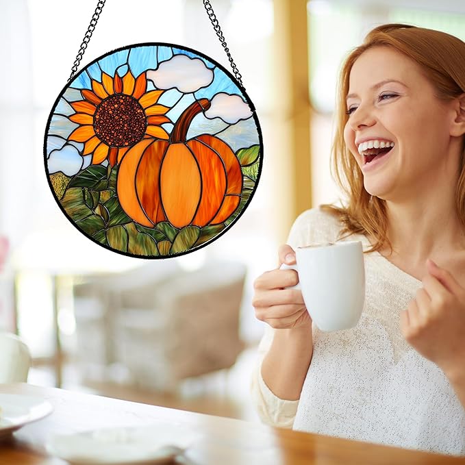 DASTOLL Stained Glass Window Hanging Fall Farm Scenery Sunflower Pumpkin 9.8" - Suncatcher Door Garden Kitchen Sunroom Sun Catcher Home Decor Birthday for Mom Grandma Men Woman