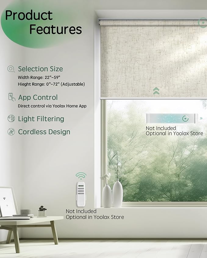 Yoolax Motorized Blinds App Control, Light Filtering Motorized Shades for Windows, Cordless Automatic Roller Shades for Bedroom Living Room Office(Light Filtering Linen Beige, 25" W x 72" H)