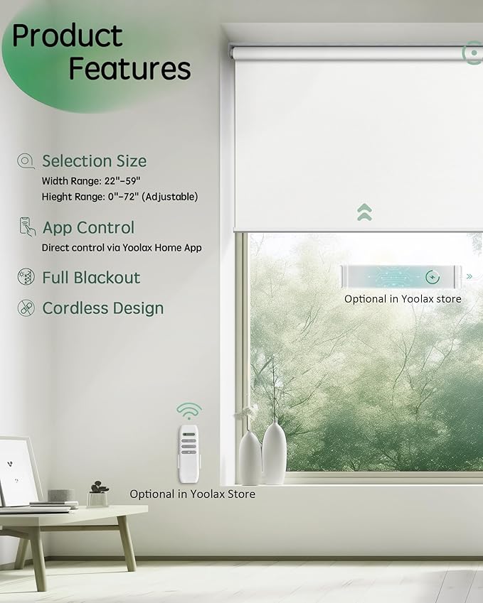 Yoolax Motorized Blinds App Control, Blackout Roller Shades for Windows, Cordless Automatic Shades Roller Window Blinds for Bedroom Living Room Office (Blackout Alpine White, 26" W x 72" H)