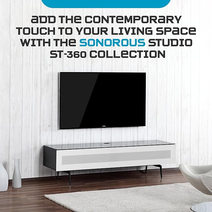 SONOROUS ST-360 Premium TV Stand for Living Room – Modern TV Stands & Entertainment Center with Storage – Black Wood & White Glass Cover – Luxury Media Console with Metal Legs for TVs up to 75 inches