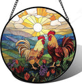 AMDERVEN Stained Glass Window Hanging, Countryside Scenery Chicken Sun Catcher for Door Home Decor Sunrise Suncatcher Christmas Mother's Day Birthday Gifts for Women Men Mom Nana 11.8 in