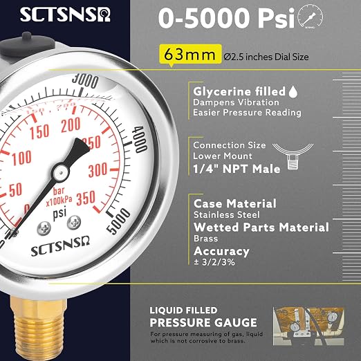 2-1/2" Dial Size, 0-5000 Psi Pressure Gauge, Glycerin Liquid Filled, 1/4" NPT - Image 2