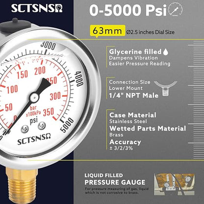 2-1/2" Dial Size, 0-5000 Psi Pressure Gauge, Glycerin Liquid Filled, 1/4" NPT - Image 2