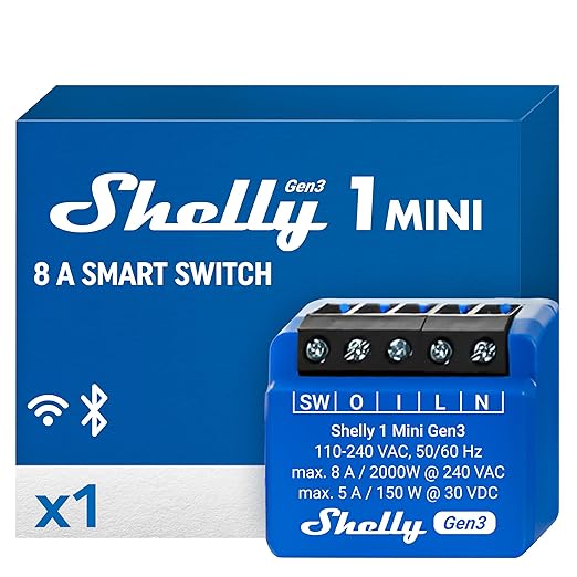 Shelly 1 Mini Gen3 | WiFi Smart Switch Relay 1 Channel 8A | Home Automation | Bluetooth Gateway | Compatible with Alexa & Google Home | iOS Android App | No Hub Required | Dry Contacts