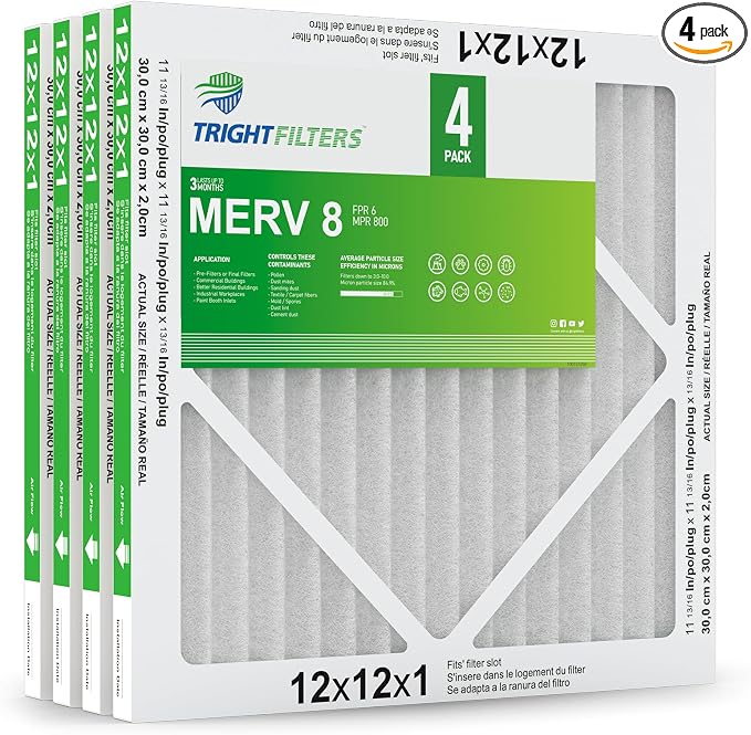 12x12x1 Air Filter 4 Pack, MERV 8 Pleated Dust Defense Air Filters Replacement by TrightFilters