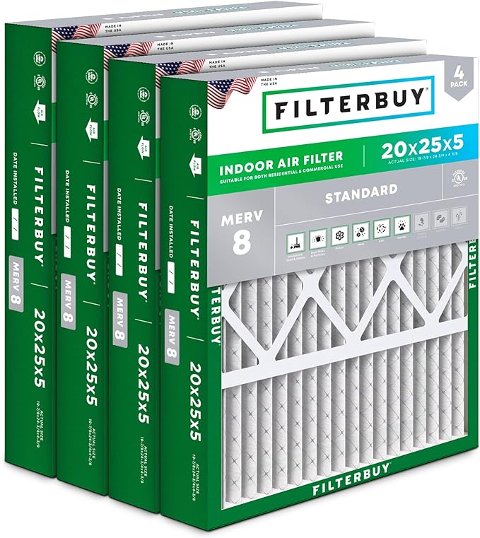 Filterbuy 20x25x5 Air Filter MERV 8 Essential Dust & Allergy Defense, Pleated by Filterbuy