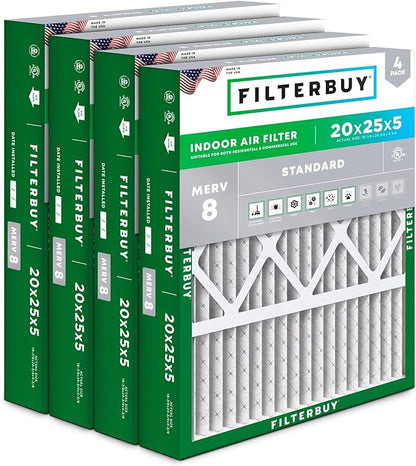 Filterbuy 20x25x5 Air Filter MERV 8 Essential Dust & Allergy Defense, Pleated by Filterbuy