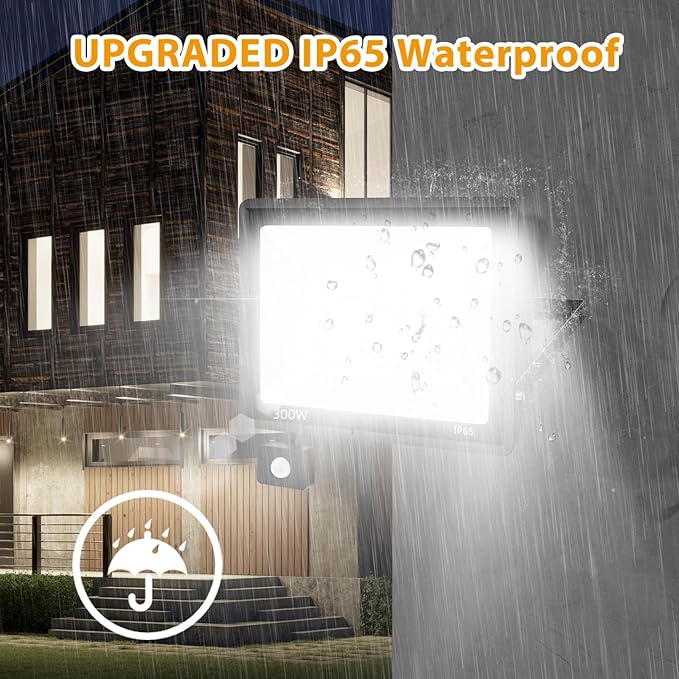 YANYCN 2 Pack 300W LED Motion Sensor Flood Light,LED Work Light with Plug,Super Bright IP66 Waterproof Floodlight Outdoor 43500 lumens 5000K Daylight Dusk to Dawn Security Light for Garage,Front Porch