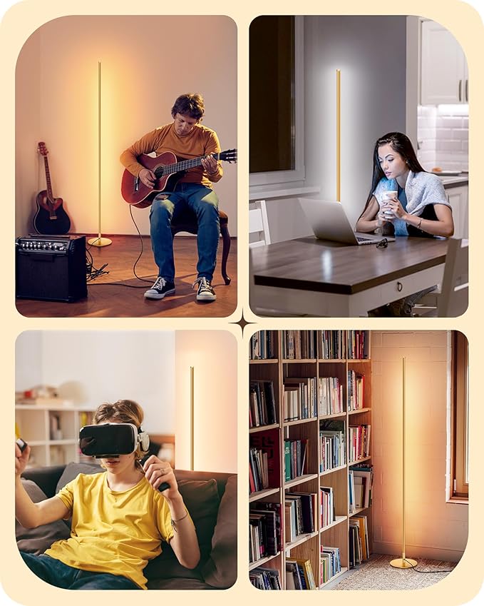 EDISHINE LED Corner Floor Lamp, Set of 2 Minimalist Dimmable Light with Remote, 57.5" Tall Standing Lamp for Living Room, Bedroom, Home Office, 7 Color Temperature 2700-6000K (Gold)